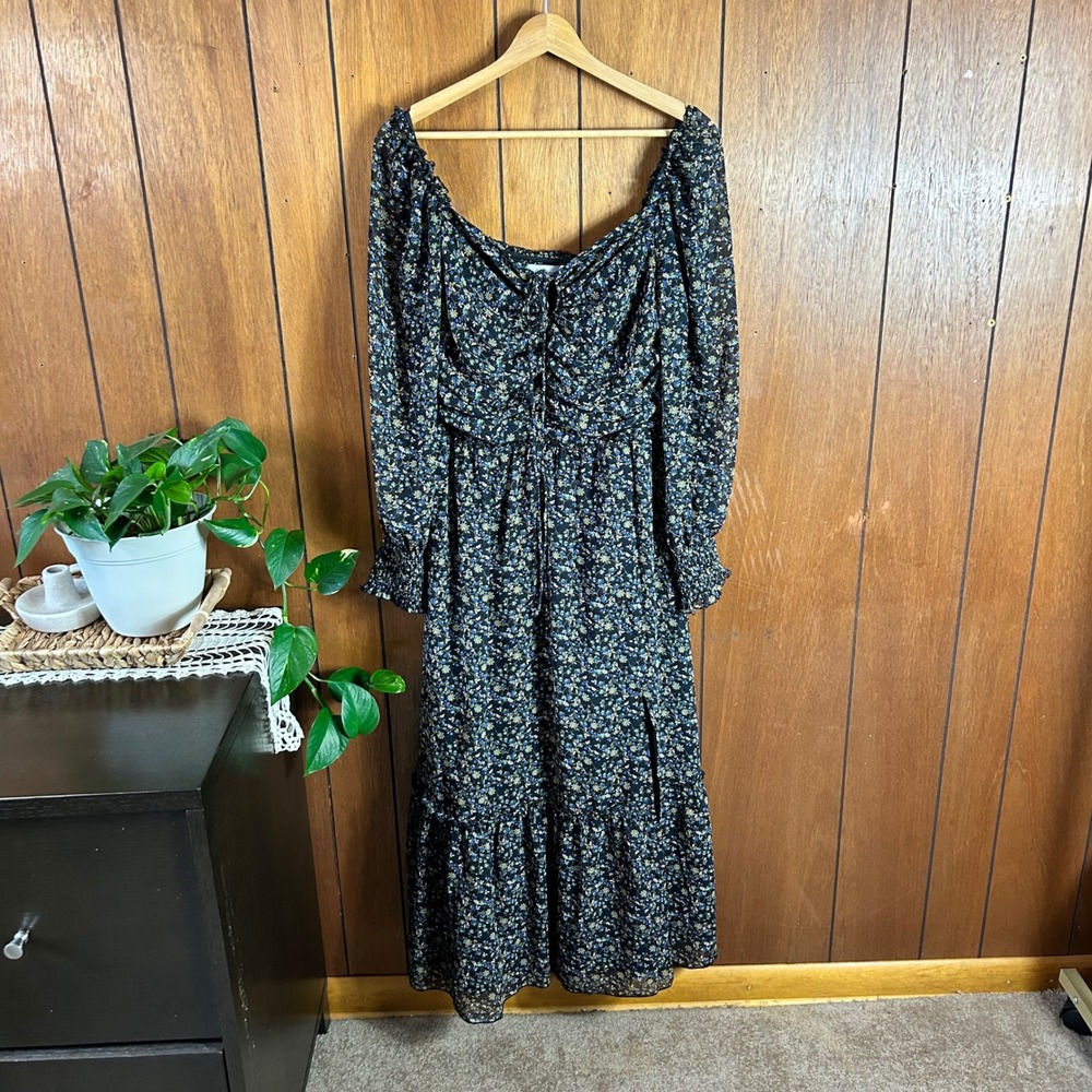 Petal + Pup Floral Maxi Dress Blue Yellow Ruched Tie Front Long Sleeve Size Boho - Picture 3 of 9